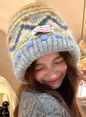 复古费尔岛针织毛线帽女秋冬季保暖巴拉克拉法帽加厚护耳包头帽子