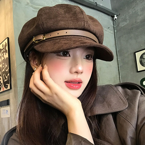 咖色皮扣麂皮绒八角贝雷帽女秋冬