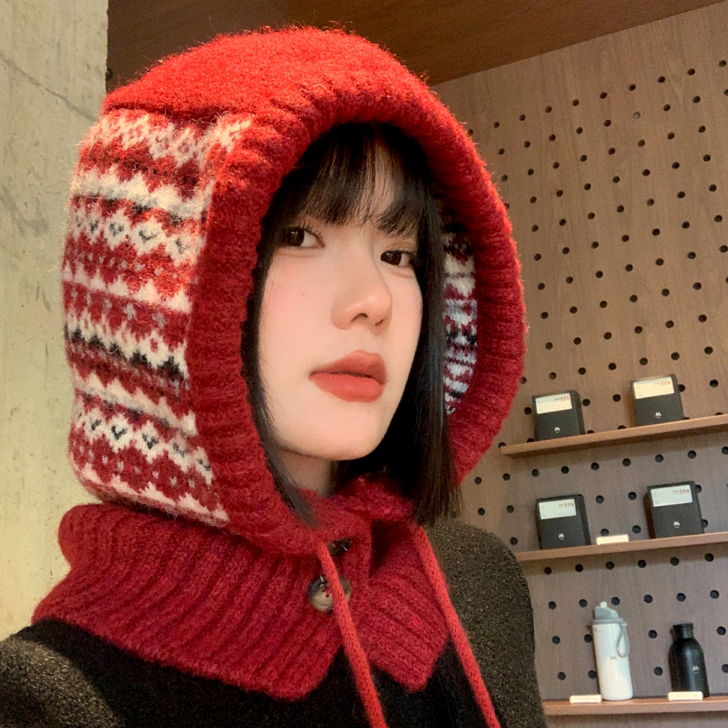 巴拉克拉法帽女秋冬红色针织帽子围脖一体保暖加厚骑车护耳毛线帽