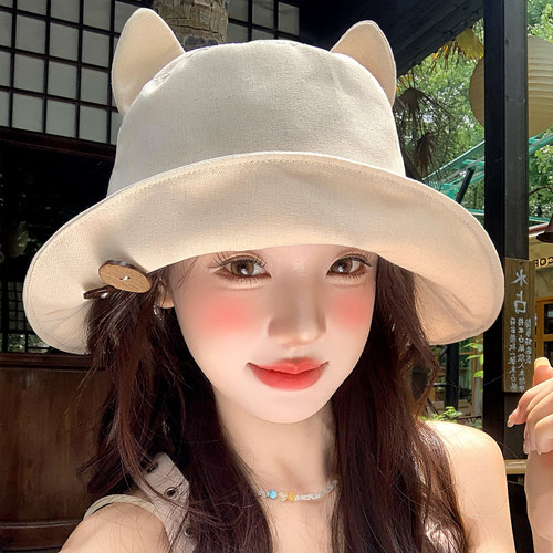 可爱猫耳朵翻檐纽扣渔夫帽女夏季