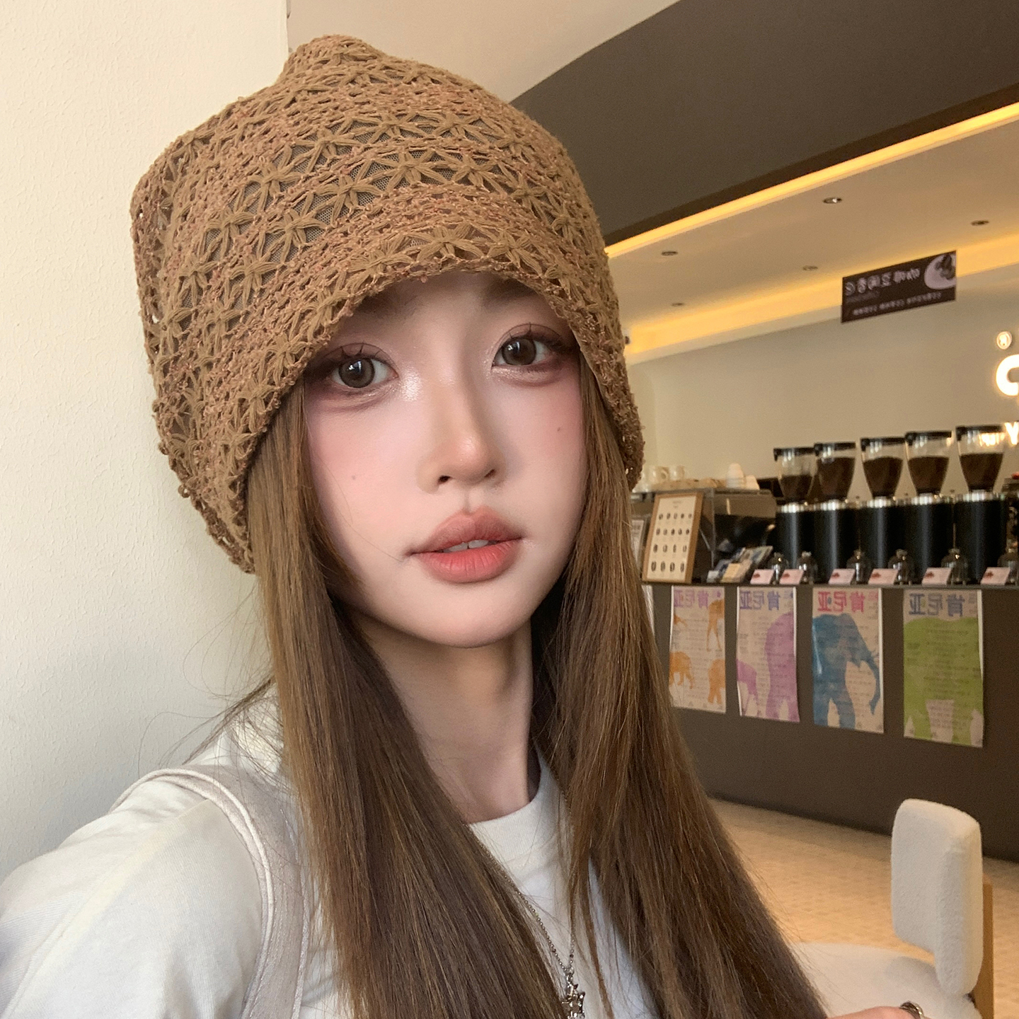 韩系复古咖色镂空针织堆堆帽女薄