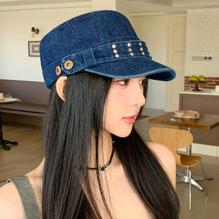 韩系复古铆钉蓝色牛仔平顶鸭舌帽女高级感时髦洋气贝雷帽马术帽子