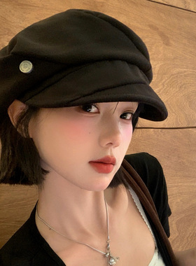 复古褶皱黑色贝雷帽女秋冬季时尚