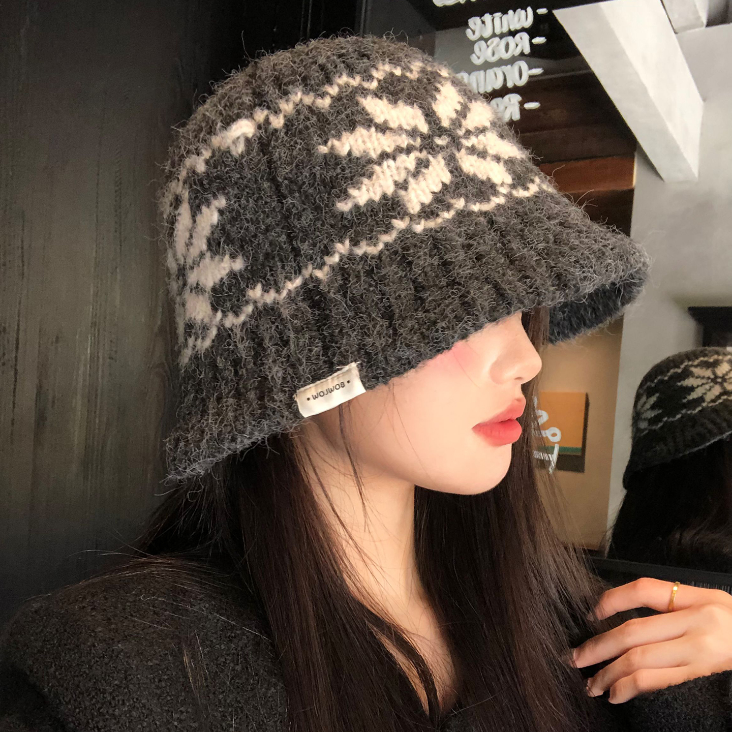 高级感灰色雪花针织渔夫帽女秋冬