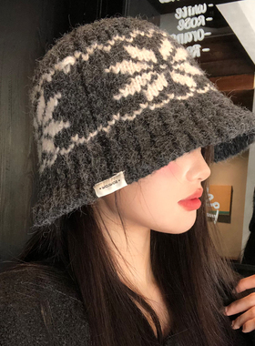 高级感灰色雪花针织渔夫帽女秋冬季保暖显脸小盆帽大头围水桶帽子