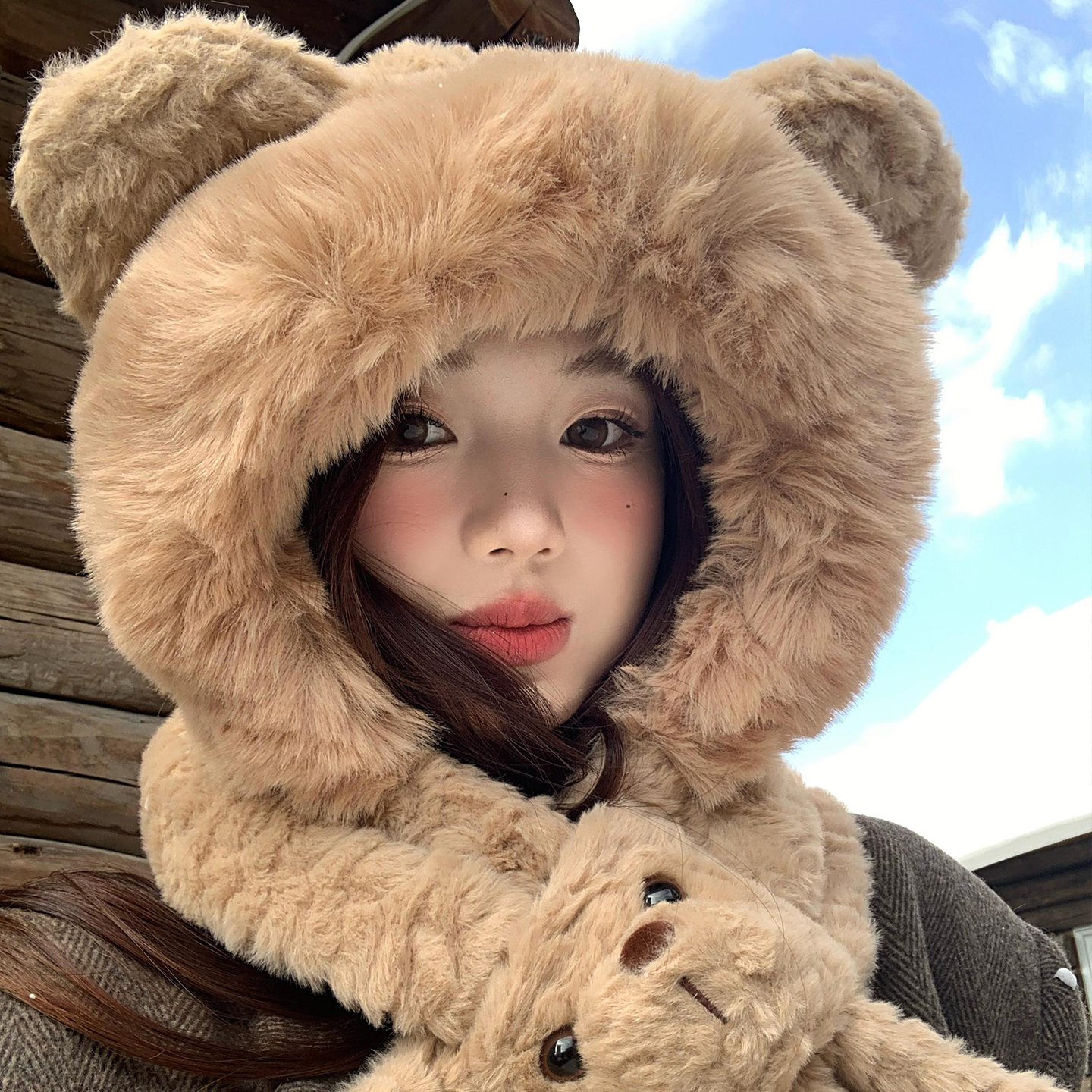 可爱小熊耳朵帽子围巾一体女冬季