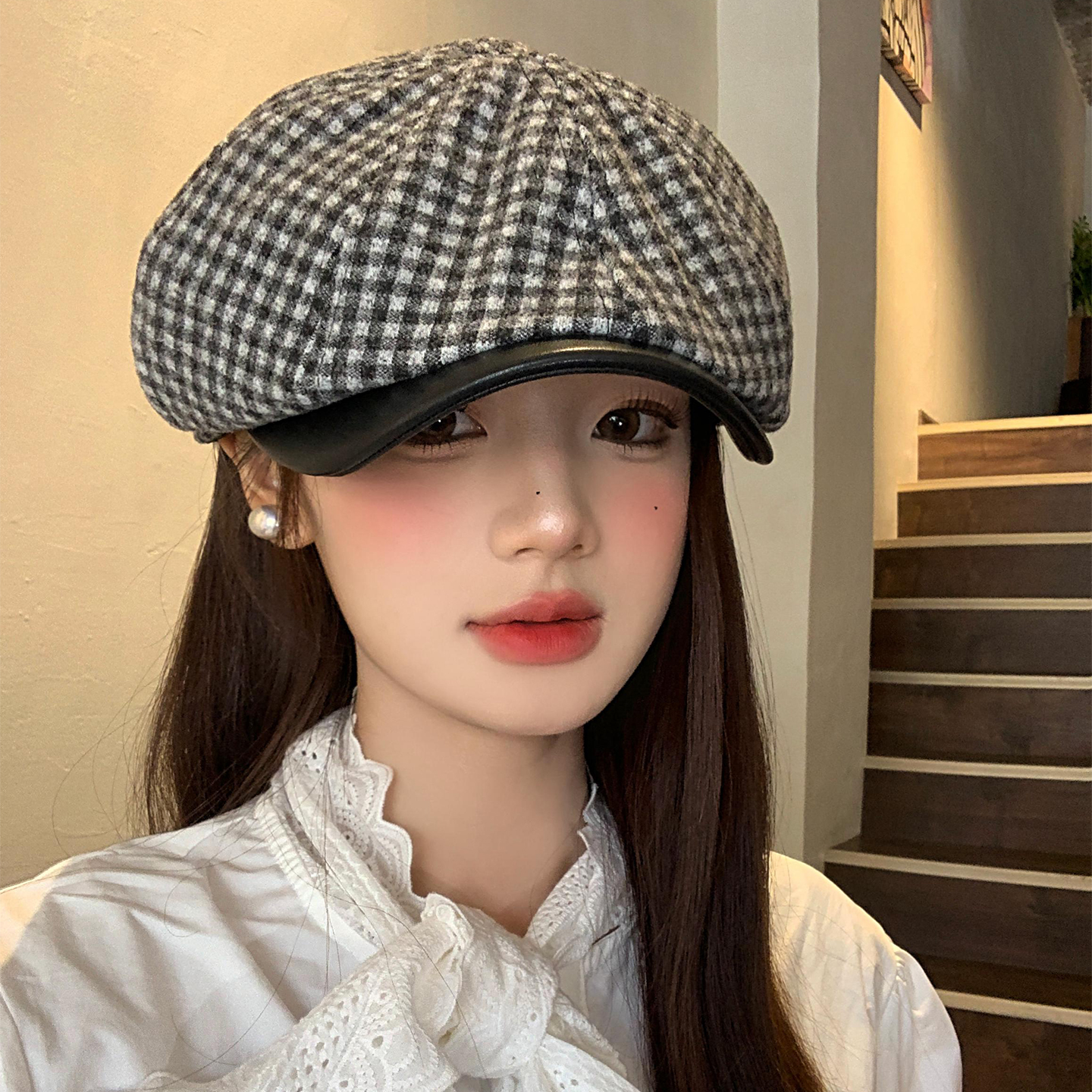复古格子pu皮拼接贝雷帽女秋文艺