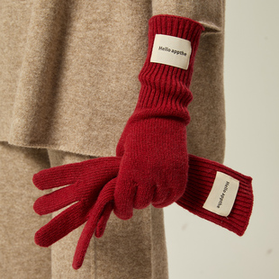 含羊毛红色分指针织手套女2025年秋冬季百搭加厚保暖护腕学生骑行