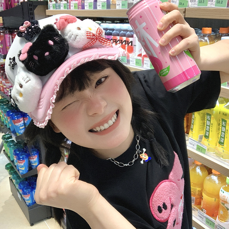 可爱kitty猫粉色蝴蝶结鸭舌帽女