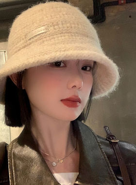 复古简约针织渔夫帽女秋冬显脸小毛线盆帽保暖大头围白色水桶帽子