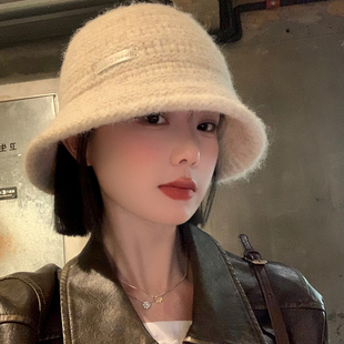 复古简约针织渔夫帽女秋冬显脸小毛线盆帽保暖大头围白色水桶帽子