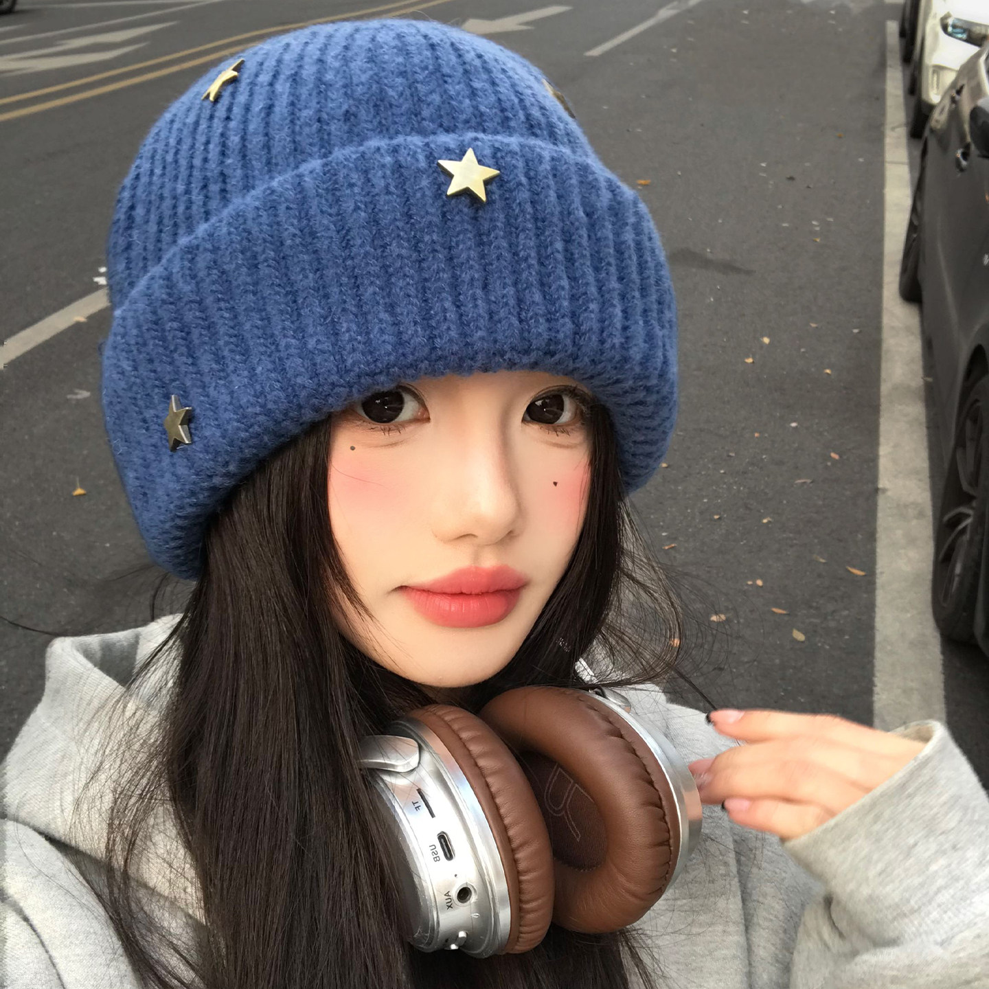 蓝色立体星星针织帽子女冬季大头围保暖冷帽显脸小防寒加厚毛线帽,服饰配件/皮带/帽子/围巾,帽子,淘宝优惠券,粉丝福利购,淘宝优惠卷