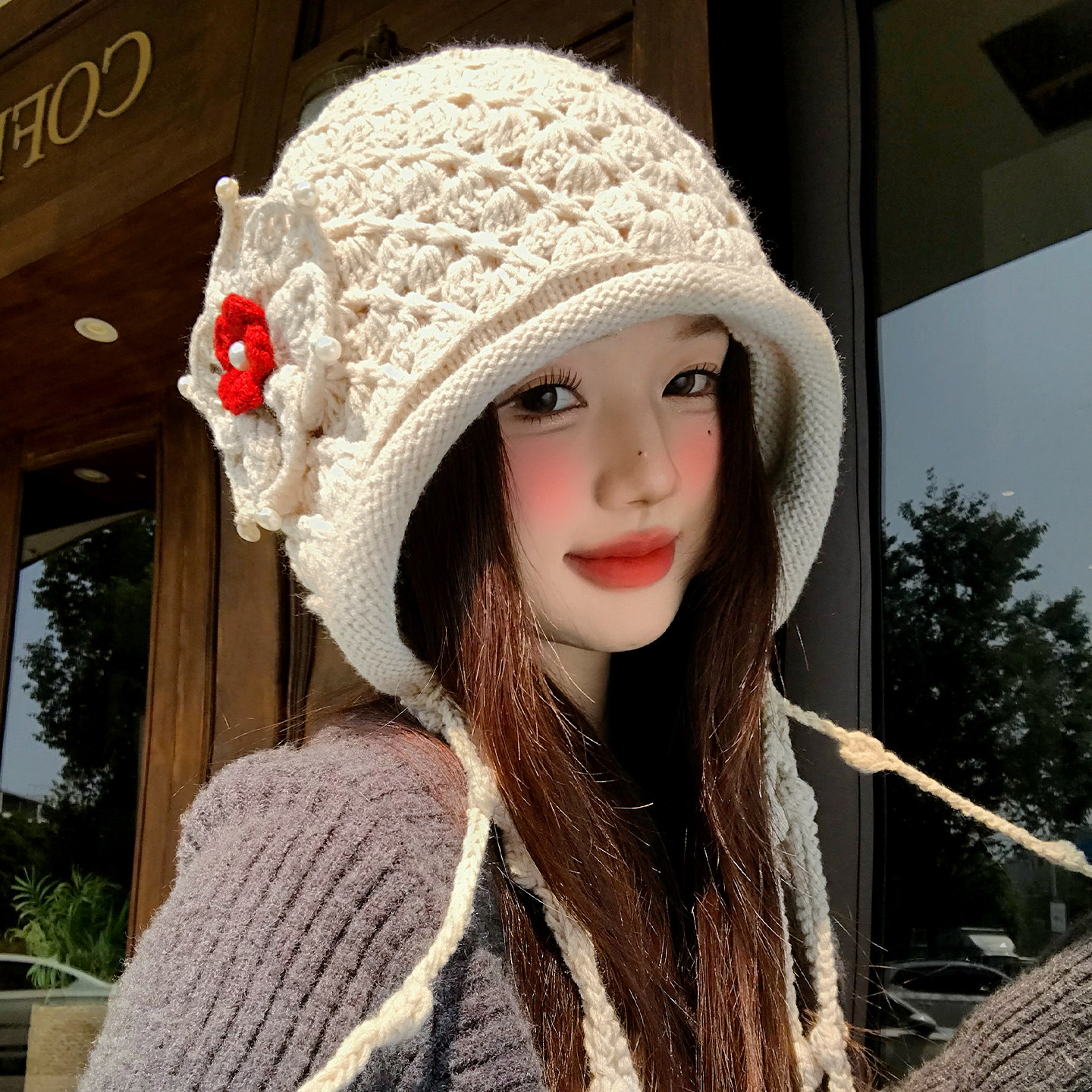 花朵珍珠流苏针织毛线帽女秋冬季川西旅游保暖护耳大头围套头帽子