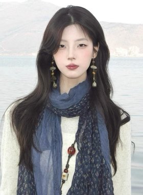 森系文艺复古藏蓝色碎花围巾女