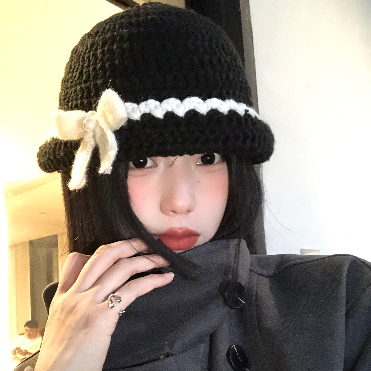 韩版小香风黑色蝴蝶结针织渔夫帽