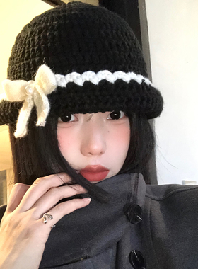 韩版小香风黑色蝴蝶结针织渔夫帽子女秋冬优雅珍珠毛线帽保暖冷帽