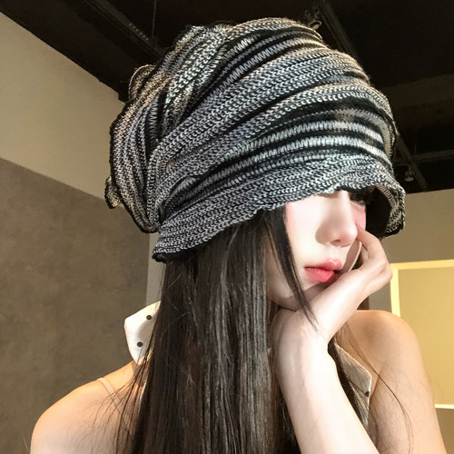 春夏条纹褶皱小众设计感套头帽女Y2K时髦冷帽堆堆帽薄款针织帽子 - 封面