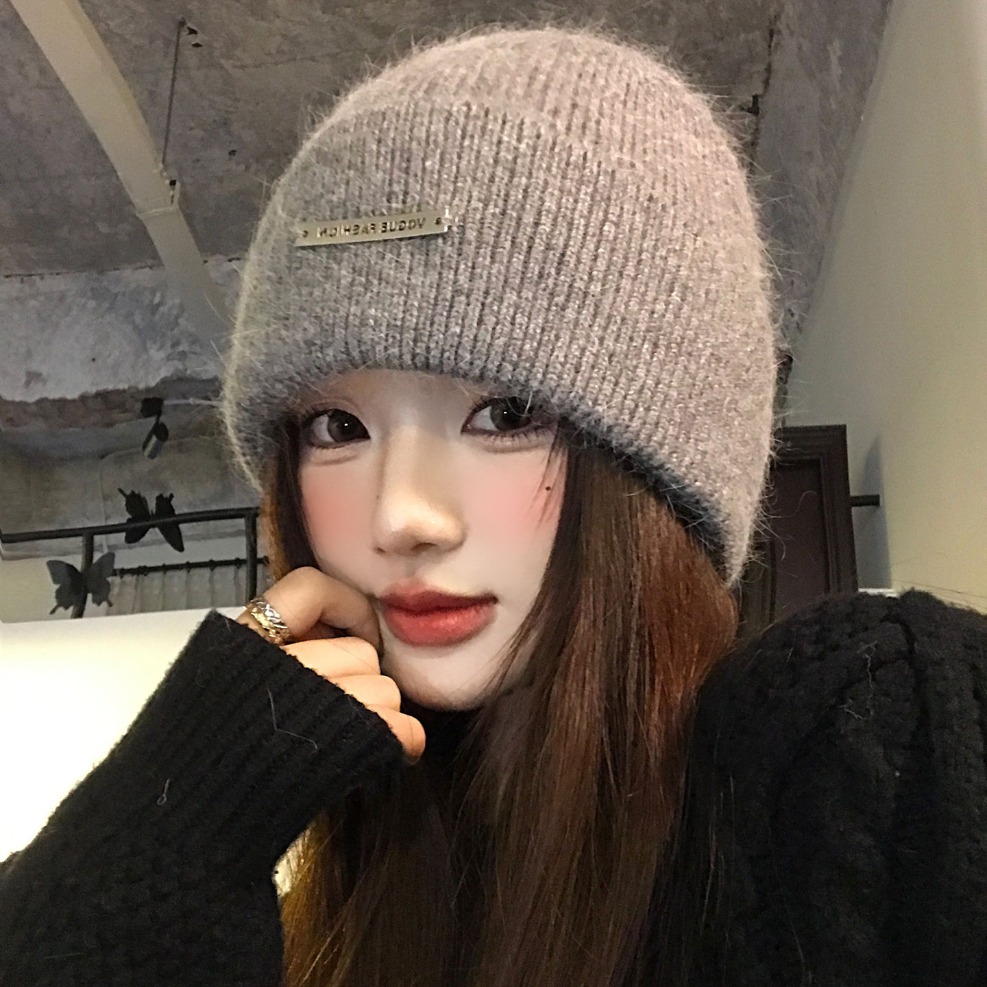 灰色兔毛针织帽女秋冬2025新款加厚大头围保暖毛线帽子显脸小冷帽,服饰配件/皮带/帽子/围巾,帽子,淘宝优惠券,粉丝福利购,淘宝优惠卷