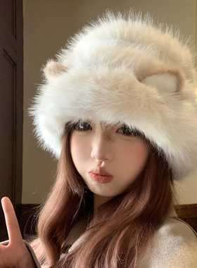 毛茸茸可爱猫耳朵渔夫帽女秋冬季保暖防寒毛绒帽子加厚大头围盆帽