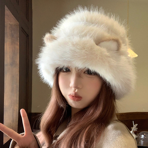 毛茸茸可爱猫耳朵渔夫帽女秋冬季保暖防寒毛绒帽子加厚大头围盆帽