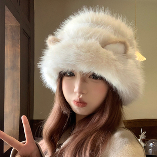 毛茸茸可爱猫耳朵渔夫帽女秋冬季保暖防寒毛绒帽子加厚大头围盆帽