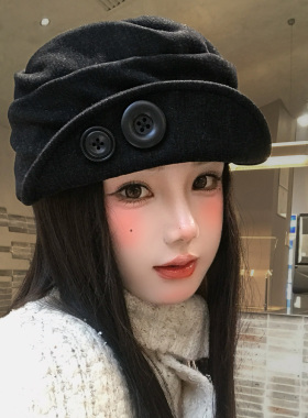 复古黑色纽扣褶皱翻贝雷帽女2026