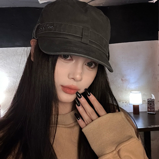 韩系复古牛仔黑色贝雷帽女水洗百搭小众鸭舌帽大头围显脸小帽子潮