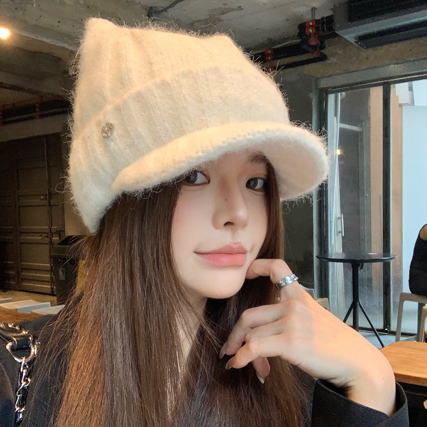 可爱猫耳朵白色针织贝雷帽女秋冬