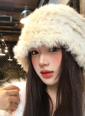 兔毛帽子女秋冬保暖加厚护耳毛绒帽大头围防寒皮草毛茸茸渔夫帽子