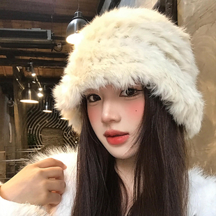 兔毛帽子女秋冬保暖加厚护耳毛绒帽大头围防寒皮草毛茸茸渔夫帽子