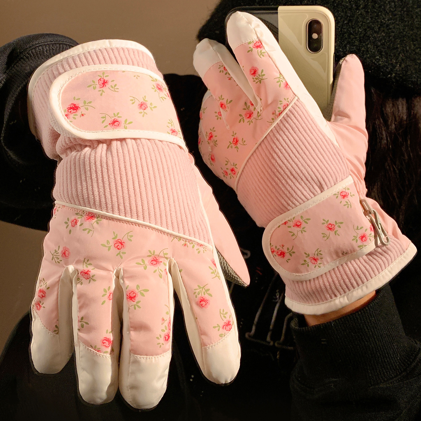 滑雪手套可爱碎花分指保暖女冬