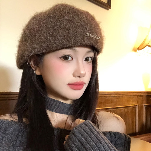 咖色毛绒复古前进帽女秋冬日系