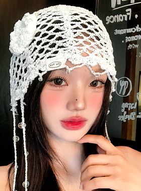 白色手工钩织花朵镂空包头帽女夏