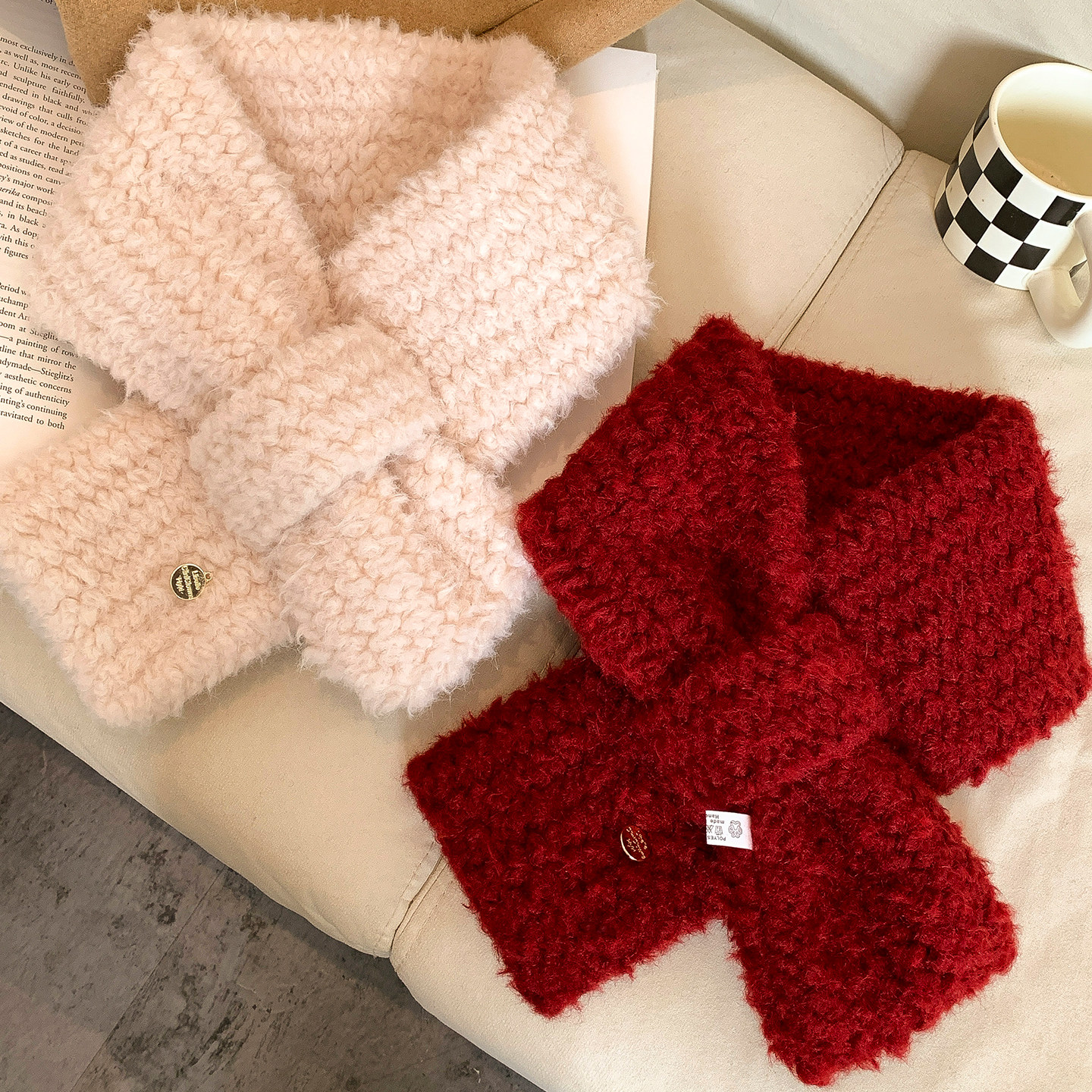 羊羔毛绒针织围巾女秋冬季韩系毛领学生保暖防寒护颈交叉短款围脖