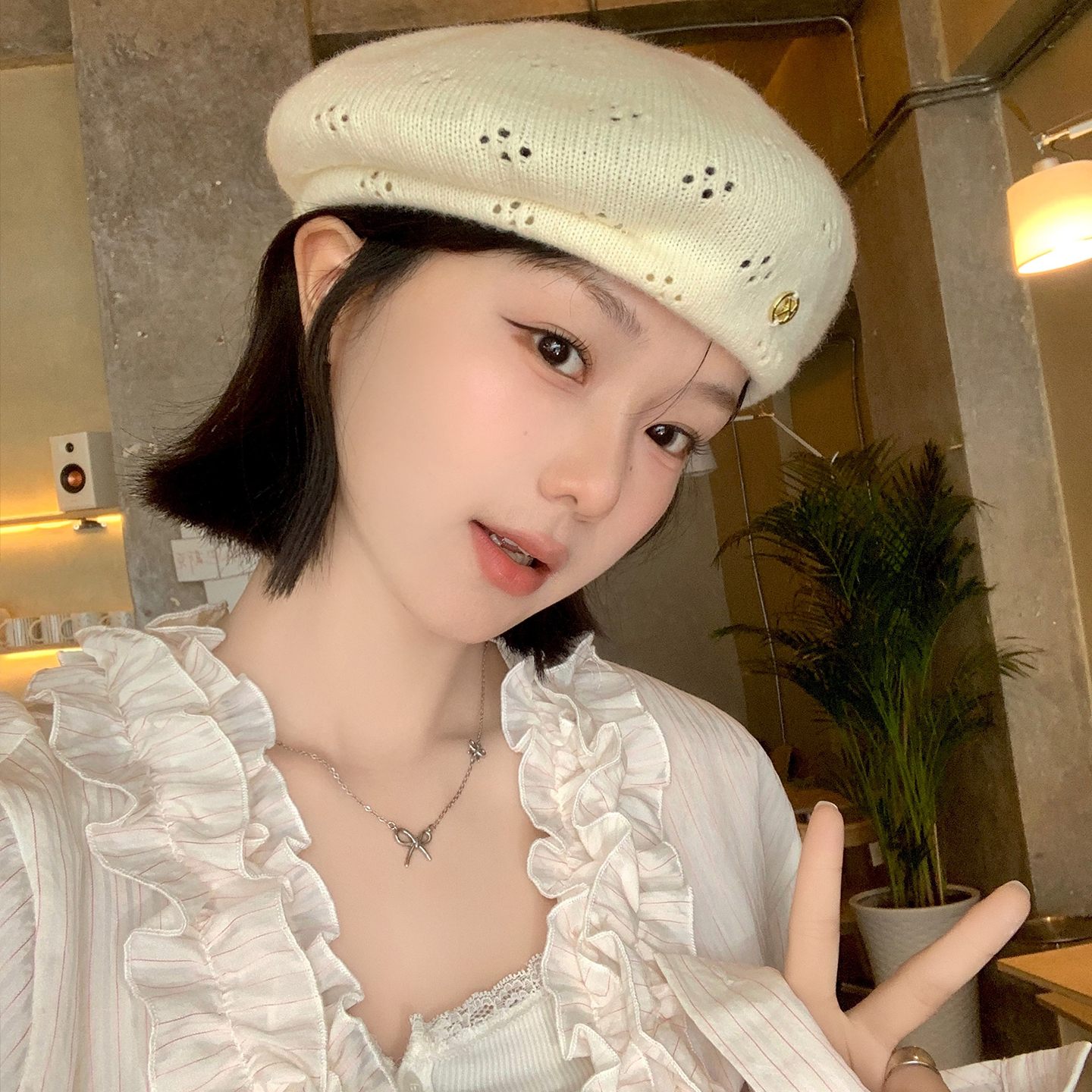 日系纯色镂空针织贝雷帽女夏季