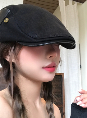 复古英伦风气质皮檐黑色前进帽女士高级感反戴时尚大头围贝雷帽子