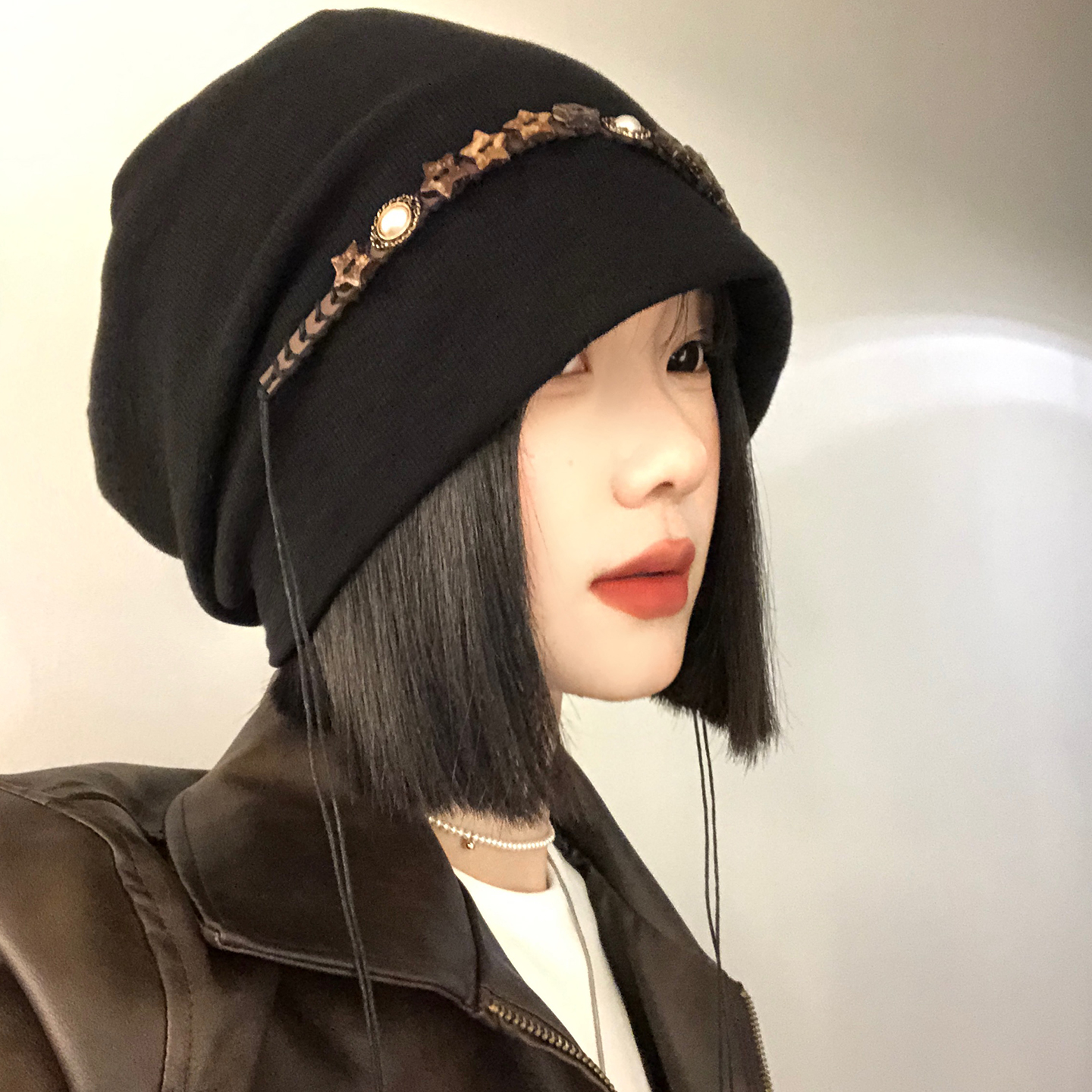 复古民族风黑色堆堆帽女秋冬季