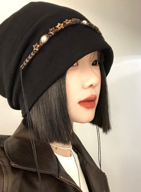 复古民族风黑色堆堆帽女秋冬季显脸小针织冷帽素颜大头围包头帽子