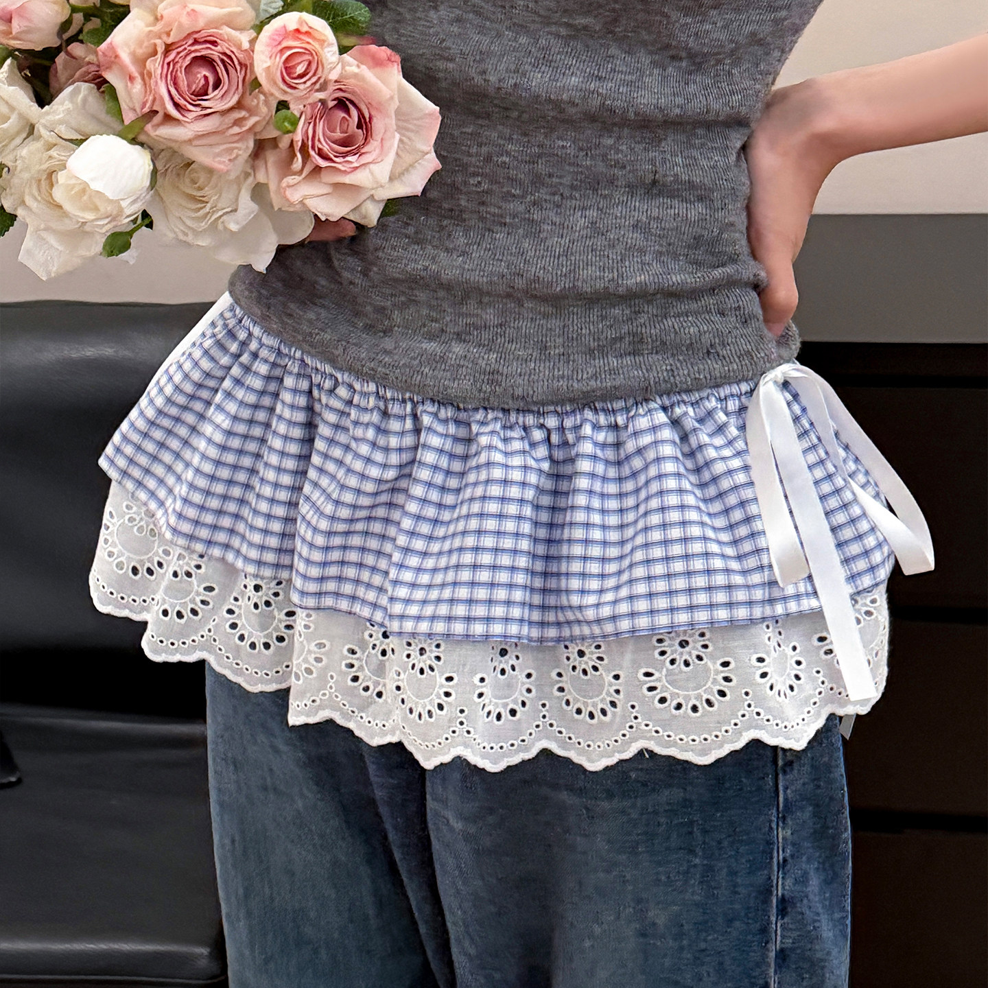 蕾丝花边蓝色格纹屁帘女生叠穿高级感穿搭配裤子假两件裙子半身裙,女装/女士精品,半身裙,淘宝优惠券,粉丝福利购,淘宝优惠卷