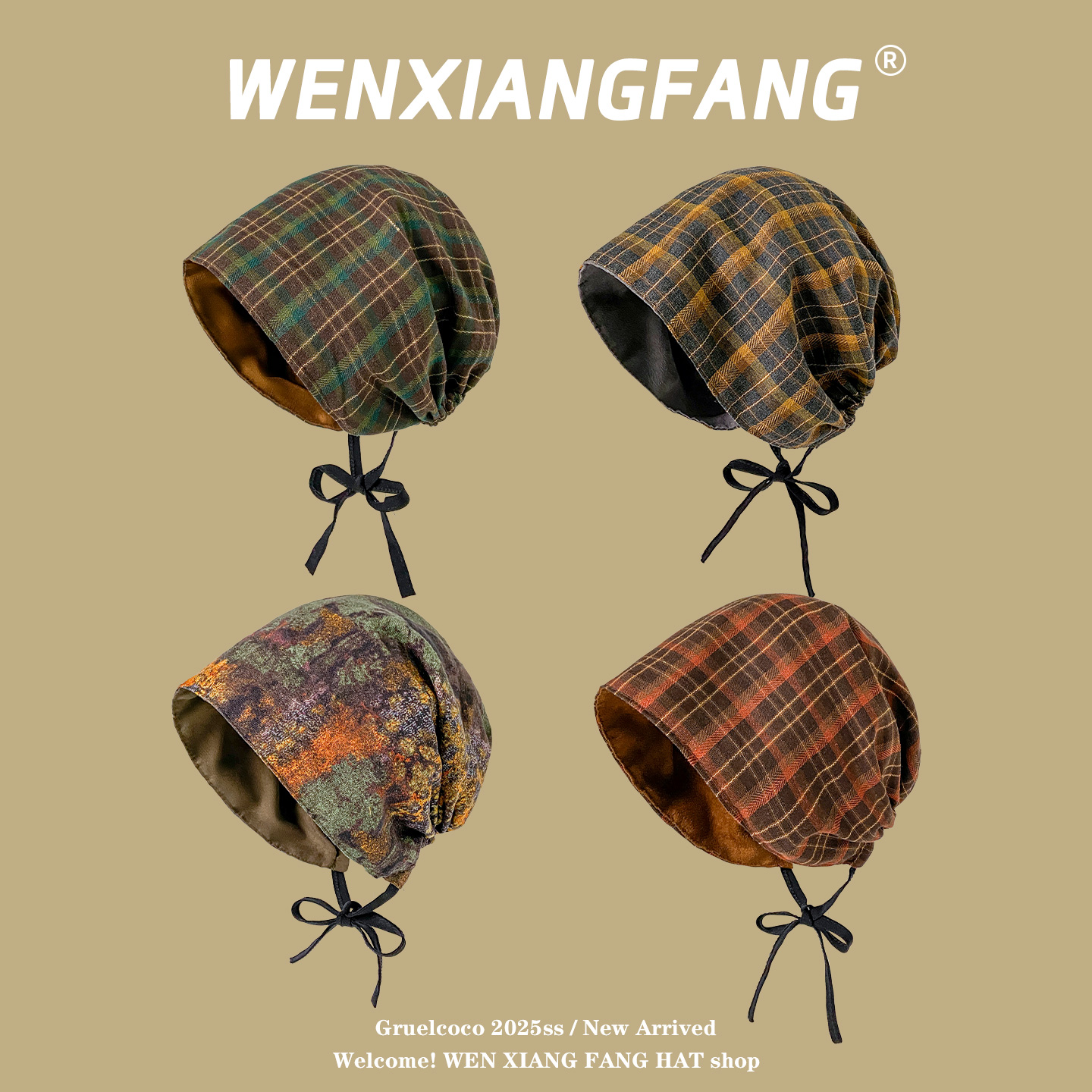 复古格纹废土风系带堆堆帽女春夏