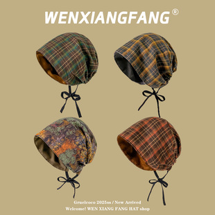 复古格纹废土风系带堆堆帽女夏薄款 冷帽辣妹时髦街头套头包头帽子