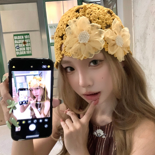 韩系花朵手工编织黄色包头帽女夏季镂空透气时髦显脸小堆堆帽子潮