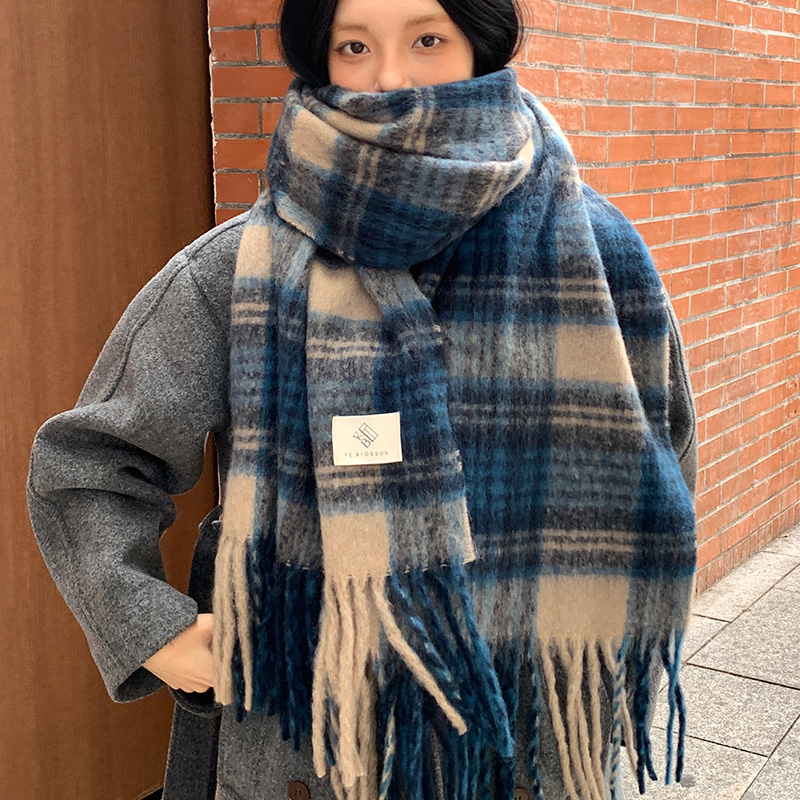 高级感蓝色格子针织围巾女冬季