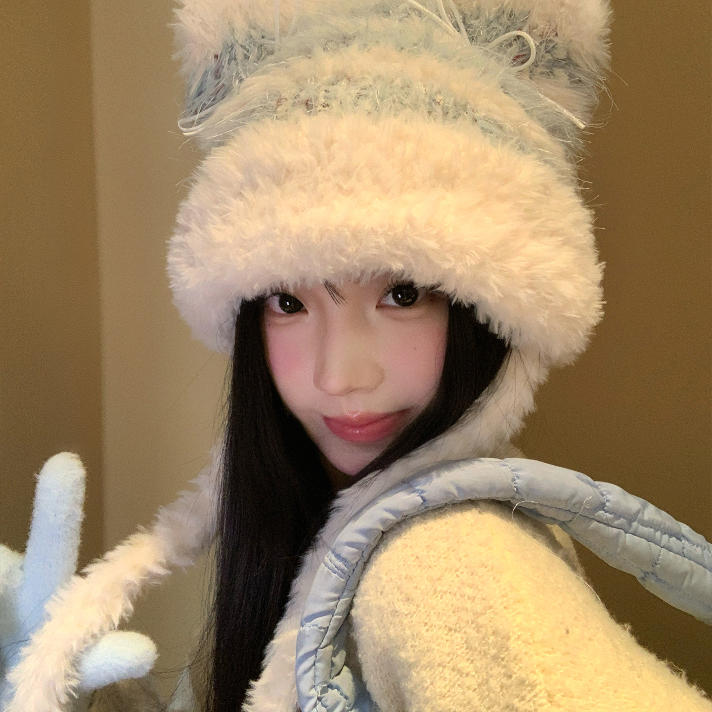 可爱蝴蝶结猫耳朵毛绒帽女冬加绒