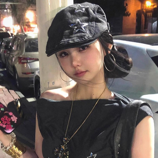 美式黑色星星牛仔前进帽女夏季潮酷y2k辣妹贝雷帽显脸小画家帽子