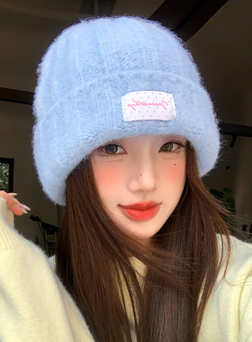 蓝色毛绒针织帽女秋冬韩系大头围