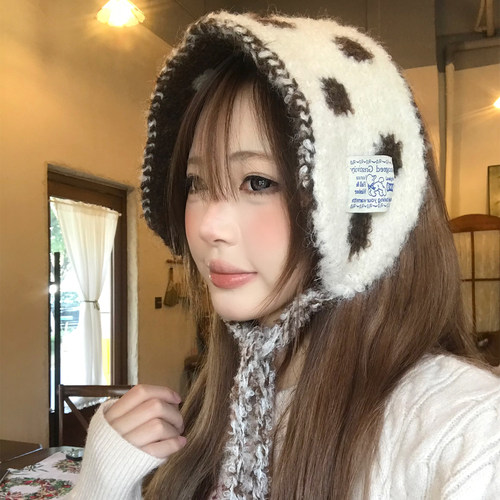 双面戴波点针织绑带耳罩女秋冬季
