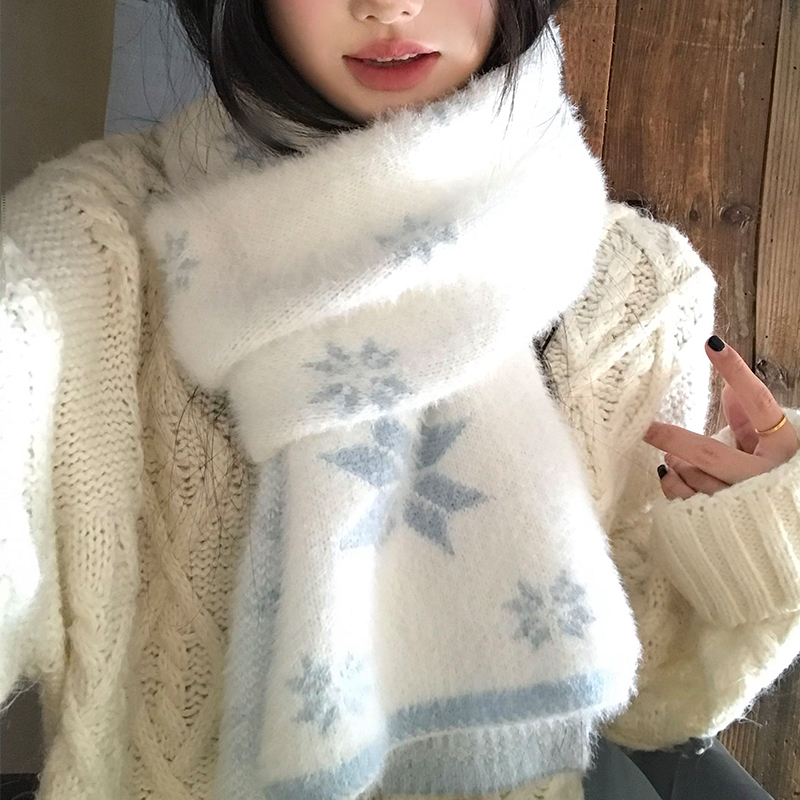 韩系氛围感仿貂毛蓝色雪花针织围巾女秋冬季保暖护颈学生加厚围脖