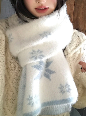 韩系氛围感仿貂毛蓝色雪花针织