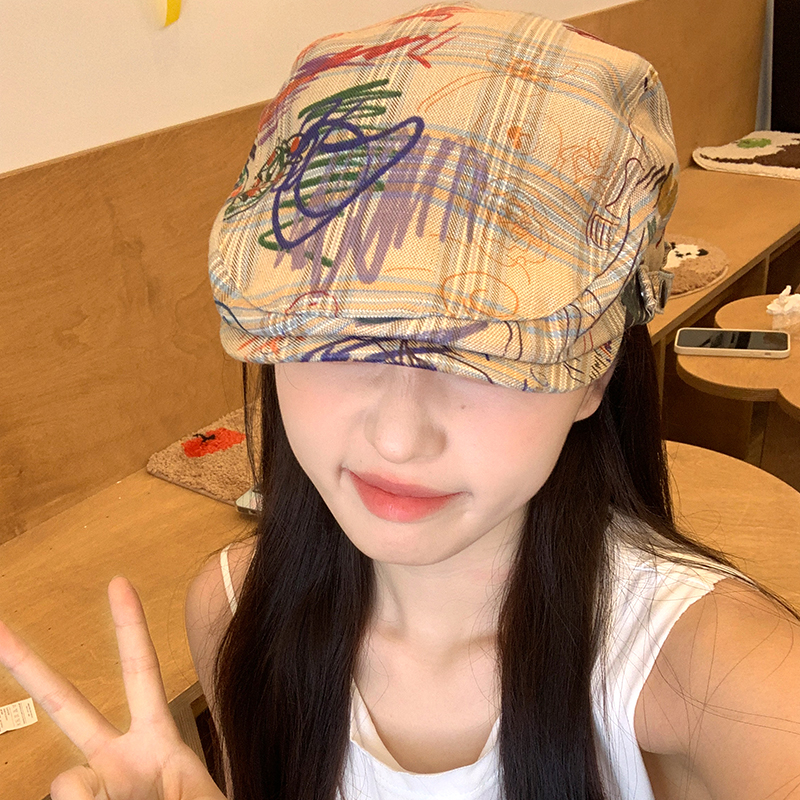 复古涂鸦格子前进帽女春秋季小众